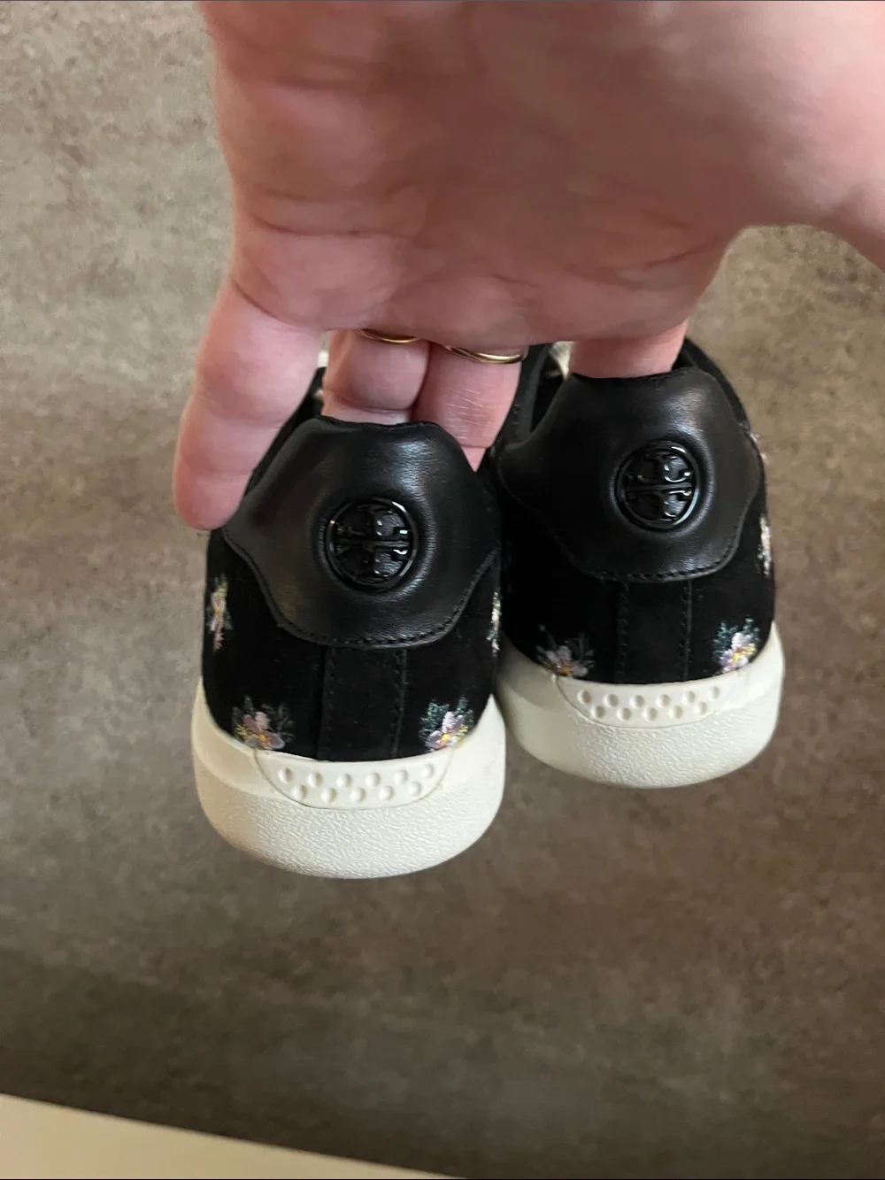 Tory Burch Black Sneakers with White Floral Embroidery - Picture 2 of 3